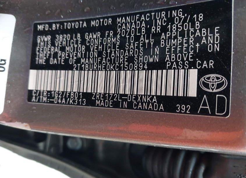 Photo 9 of 2019 Toyota Corolla LE (VIN 2T1BURHE0KC150894)