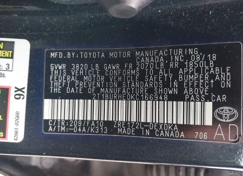 Photo 9 of 2019 Toyota Corolla L (VIN 2T1BURHE0KC166948)