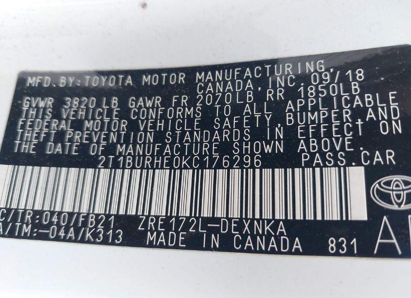 Photo 9 of 2019 Toyota Corolla LE (VIN 2T1BURHE0KC176296)