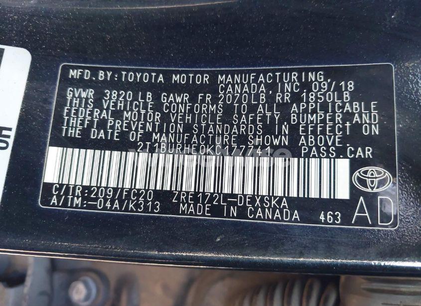 Photo 9 of 2019 Toyota Corolla L/LE/XLE/SE/XSE (VIN 2T1BURHE0KC177741)