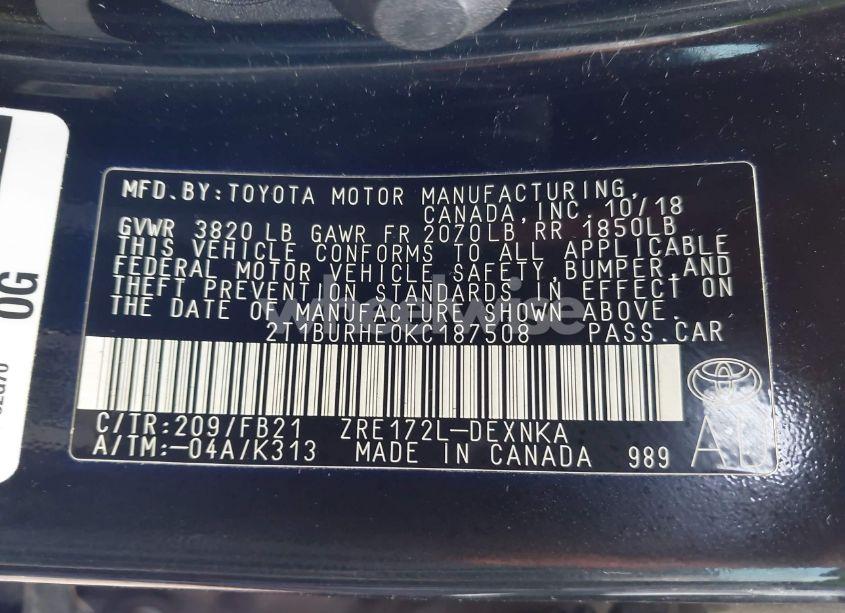 Photo 9 of 2019 Toyota Corolla LE (VIN 2T1BURHE0KC187508)