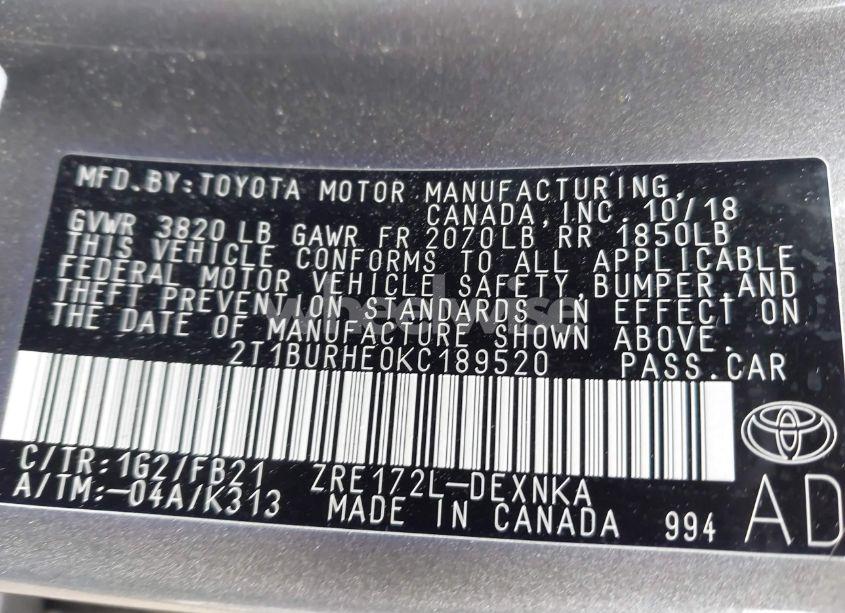 Photo 9 of 2019 Toyota Corolla LE (VIN 2T1BURHE0KC189520)