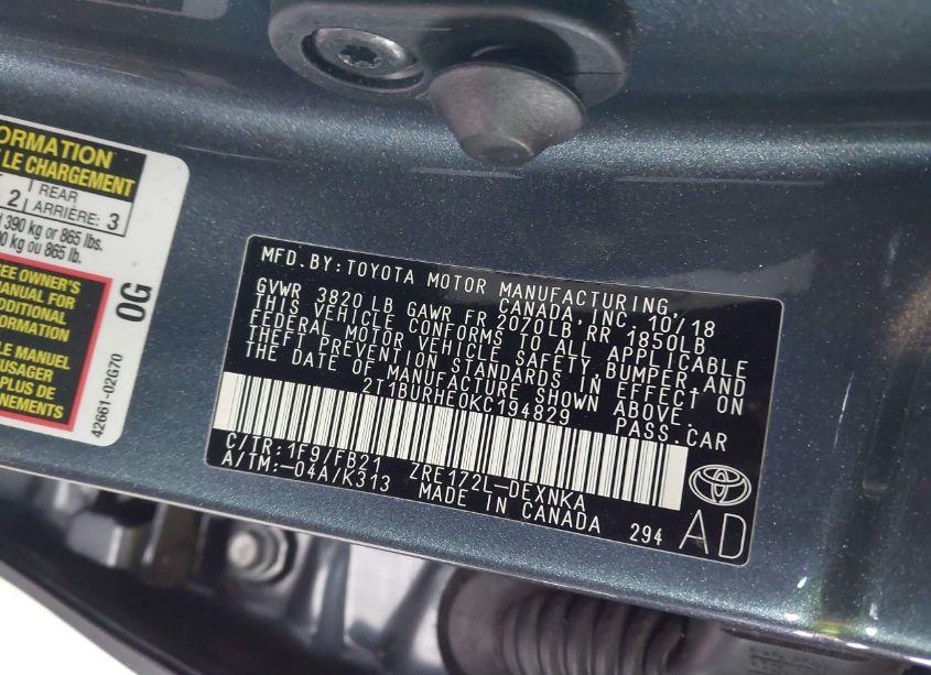 Photo 9 of 2019 Toyota Corolla LE (VIN 2T1BURHE0KC194829)