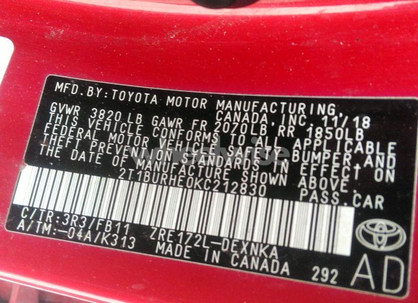 Photo 9 of 2019 Toyota Corolla LE (VIN 2T1BURHE0KC212830)