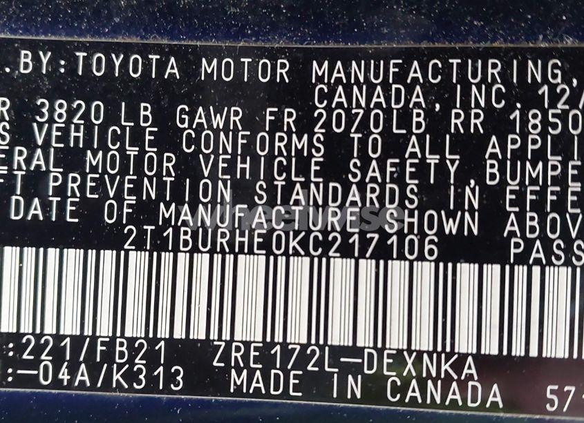 Photo 9 of 2019 Toyota Corolla LE (VIN 2T1BURHE0KC217106)