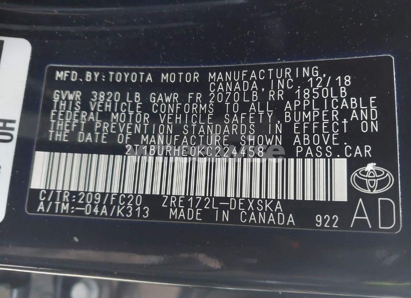 Photo 9 of 2019 Toyota Corolla SE (VIN 2T1BURHE0KC224458)