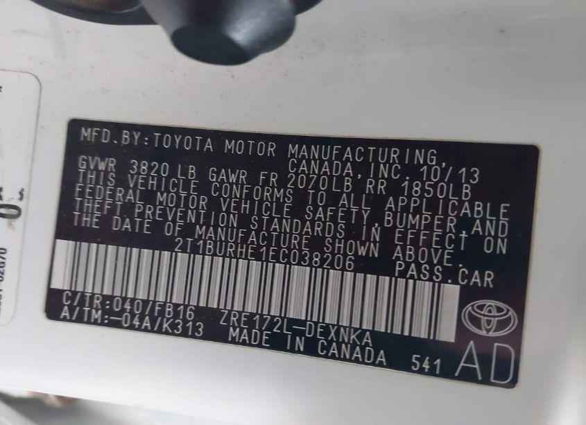 Photo 9 of 2014 Toyota Corolla LE (VIN 2T1BURHE1EC038206)