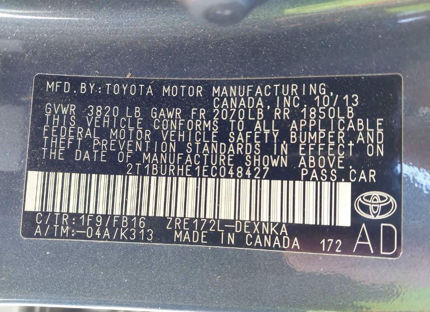 Photo 9 of 2014 Toyota Corolla LE (VIN 2T1BURHE1EC048427)