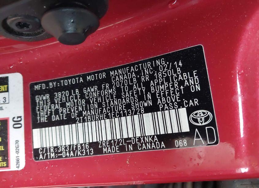 Photo 9 of 2014 Toyota Corolla LE (VIN 2T1BURHE1EC113728)