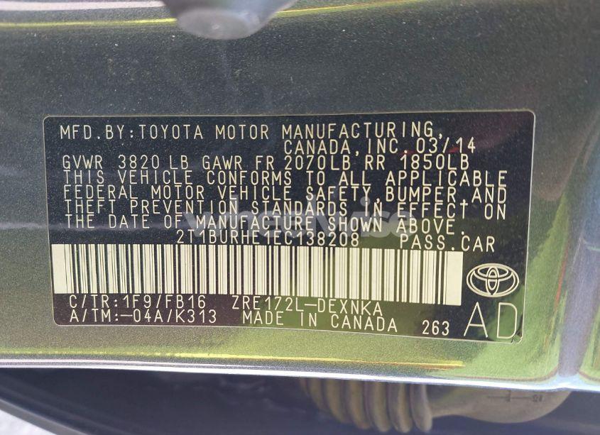 Photo 9 of 2014 Toyota Corolla LE (VIN 2T1BURHE1EC138208)