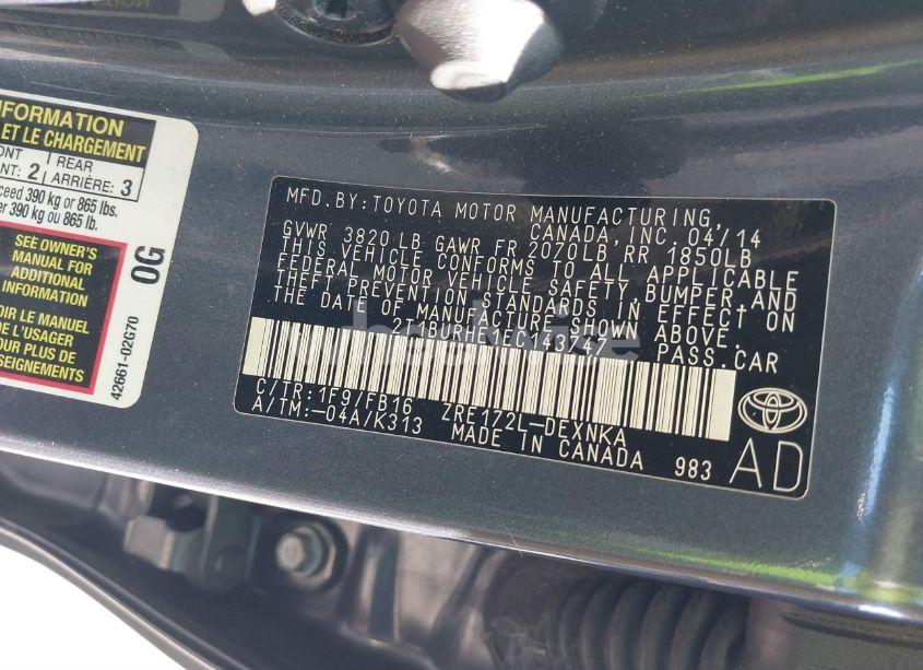 Photo 9 of 2014 Toyota Corolla LE (VIN 2T1BURHE1EC143747)