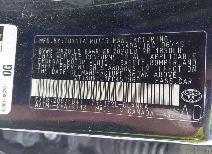 Photo 9 of 2015 Toyota Corolla LE (VIN 2T1BURHE1FC451969)