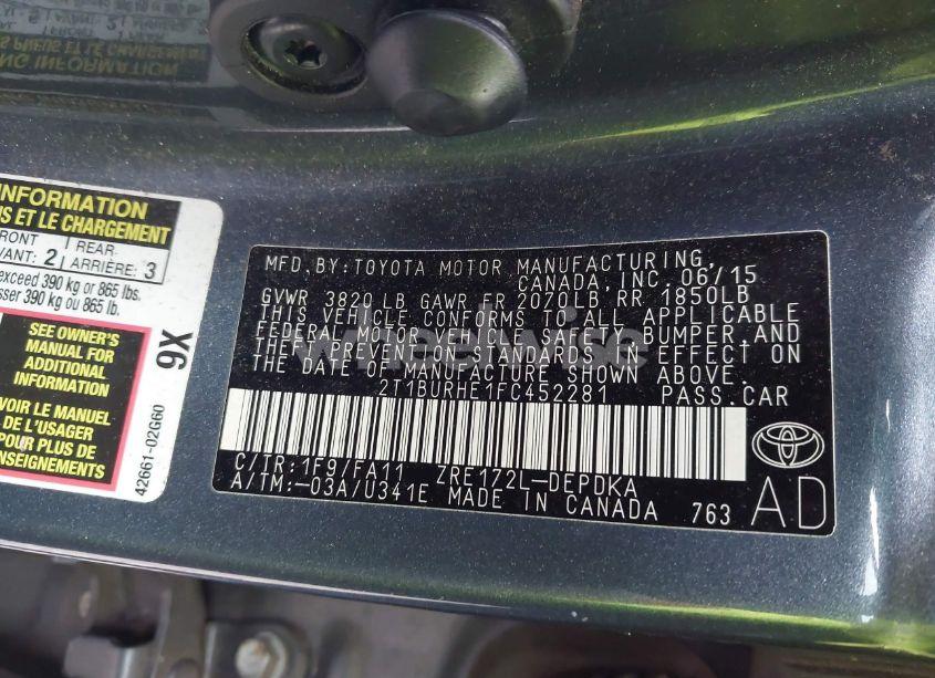 Photo 9 of 2015 Toyota Corolla L (VIN 2T1BURHE1FC452281)