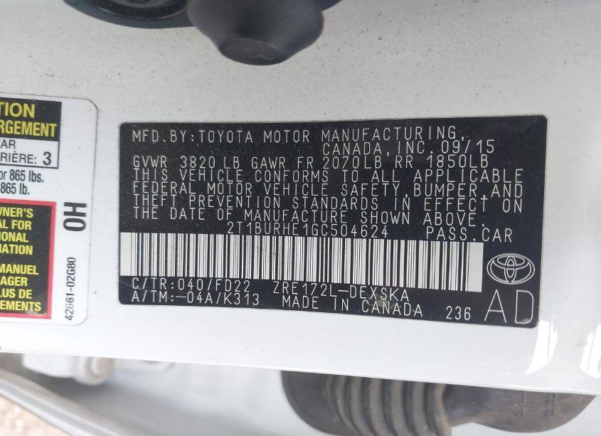 Photo 9 of 2016 Toyota Corolla S W/SPECIAL EDITION PKG (VIN 2T1BURHE1GC504624)