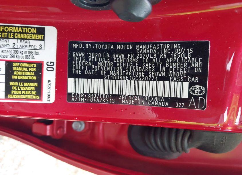 Photo 9 of 2016 Toyota Corolla LE (VIN 2T1BURHE1GC520774)