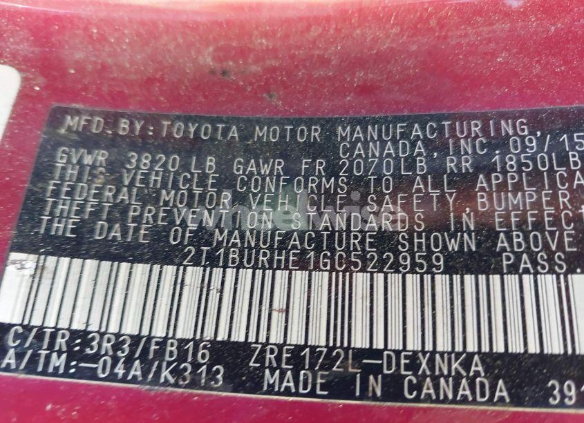 Photo 9 of 2016 Toyota Corolla LE (VIN 2T1BURHE1GC522959)