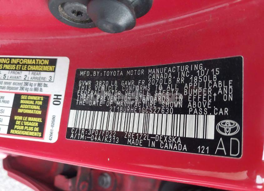 Photo 9 of 2016 Toyota Corolla S W/SPECIAL EDITION PKG (VIN 2T1BURHE1GC527630)