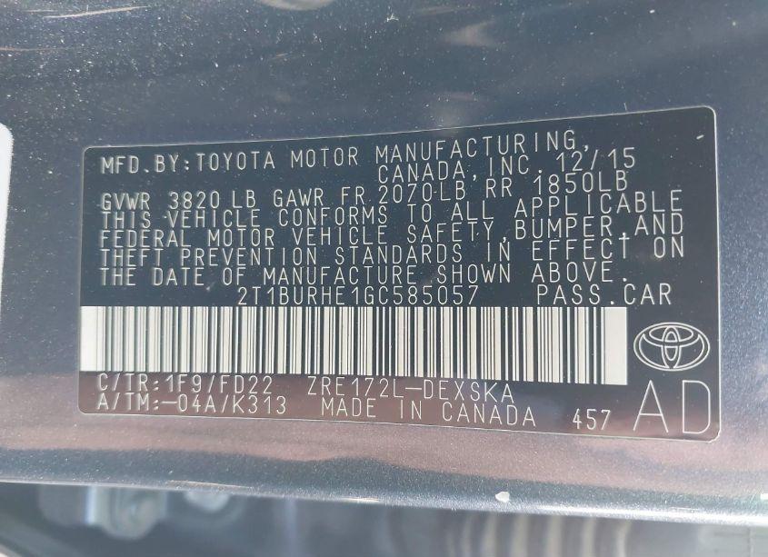 Photo 9 of 2016 Toyota Corolla S PLUS (VIN 2T1BURHE1GC585057)