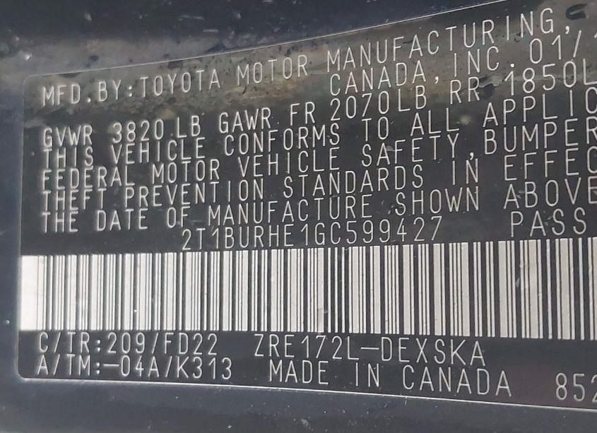 Photo 9 of 2016 Toyota Corolla S PLUS (VIN 2T1BURHE1GC599427)