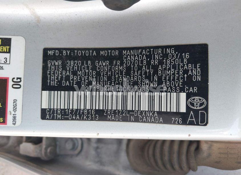 Photo 9 of 2016 Toyota Corolla LE (VIN 2T1BURHE1GC637335)