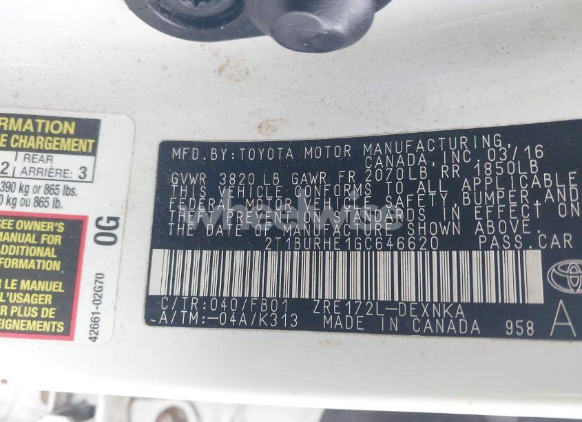 Photo 9 of 2016 Toyota Corolla LE (VIN 2T1BURHE1GC646620)