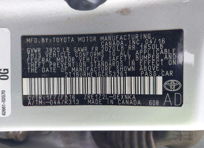 Photo 9 of 2016 Toyota Corolla LE (VIN 2T1BURHE1GC653261)