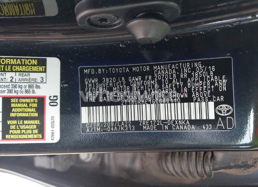 Photo 9 of 2016 Toyota Corolla LE PREMIUM (VIN 2T1BURHE1GC688110)