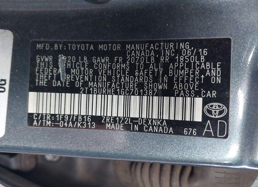 Photo 9 of 2016 Toyota Corolla LE (VIN 2T1BURHE1GC701387)