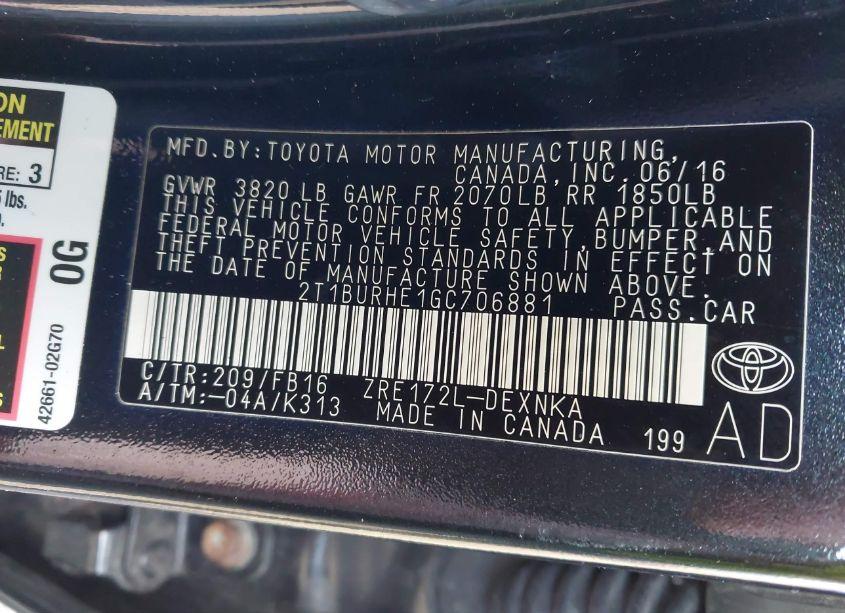 Photo 9 of 2016 Toyota Corolla LE (VIN 2T1BURHE1GC706881)