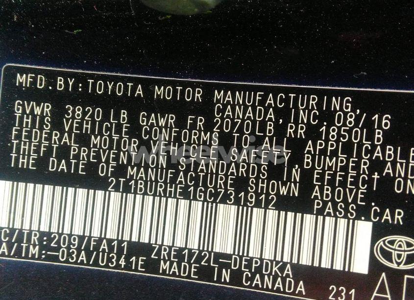 Photo 9 of 2016 Toyota Corolla L (VIN 2T1BURHE1GC731912)