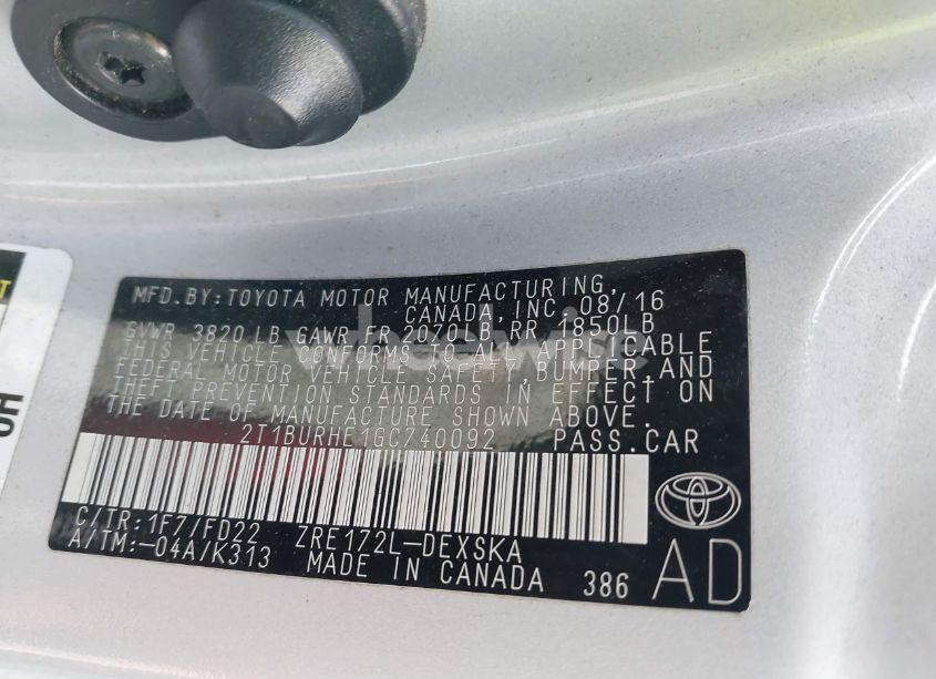 Photo 9 of 2016 Toyota Corolla S PLUS (VIN 2T1BURHE1GC740092)