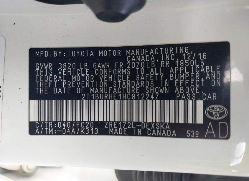 Photo 9 of 2017 Toyota Corolla L/LE/XLE/SE/XSE (VIN 2T1BURHE1HC812247)