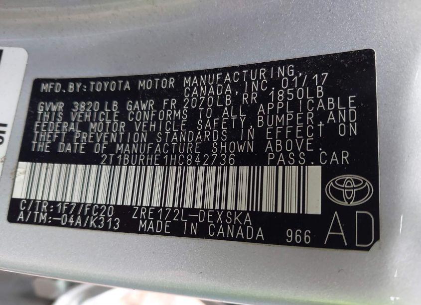 Photo 9 of 2017 Toyota Corolla SE (VIN 2T1BURHE1HC842736)