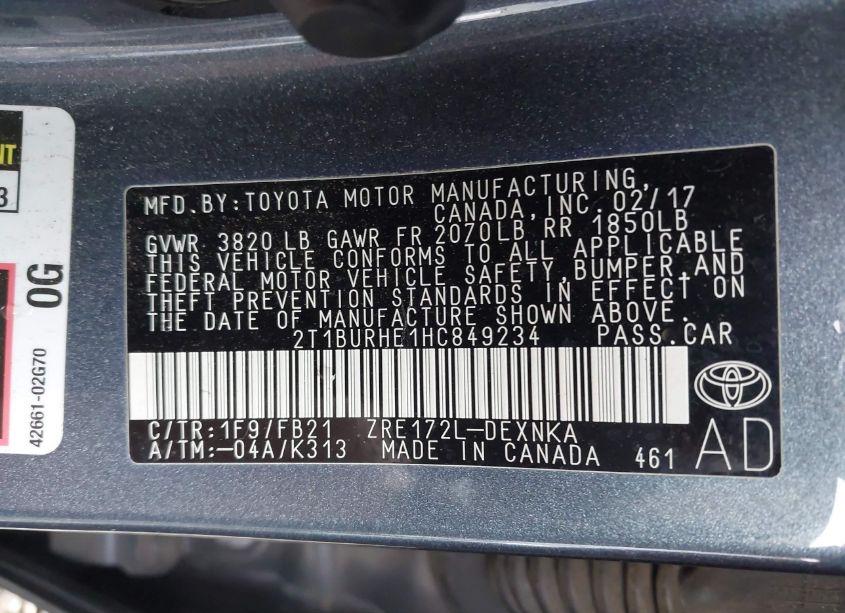 Photo 9 of 2017 Toyota Corolla LE (VIN 2T1BURHE1HC849234)