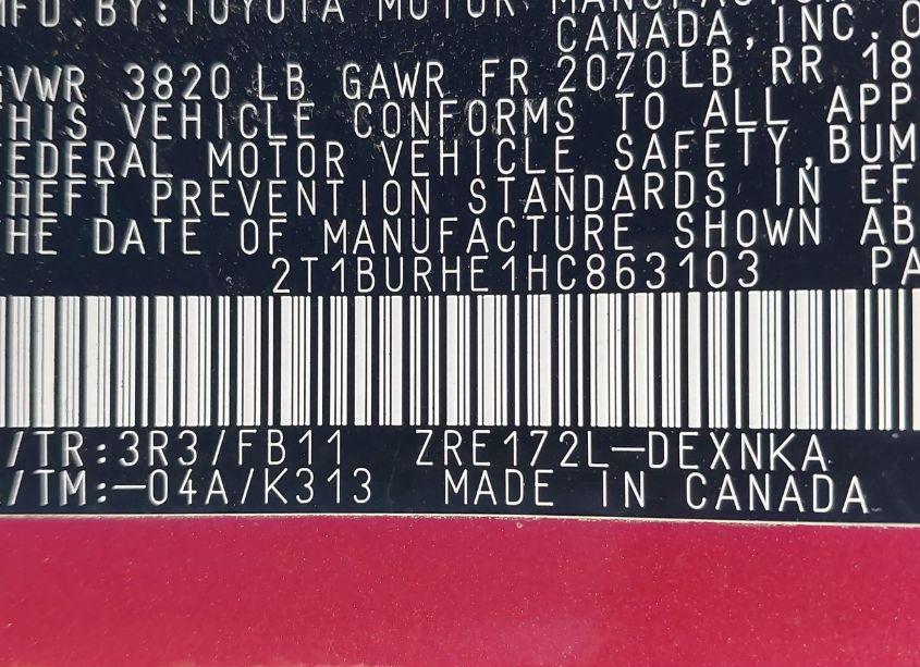 Photo 9 of 2017 Toyota Corolla LE (VIN 2T1BURHE1HC863103)