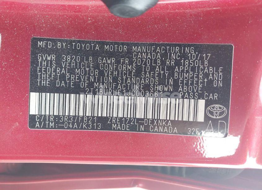 Photo 9 of 2018 Toyota Corolla LE (VIN 2T1BURHE1JC003661)