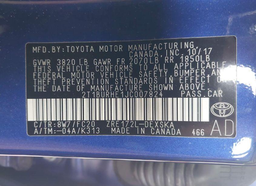 Photo 9 of 2018 Toyota Corolla SE (VIN 2T1BURHE1JC007824)