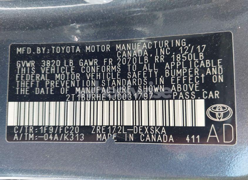 Photo 9 of 2018 Toyota Corolla SE (VIN 2T1BURHE1JC031797)