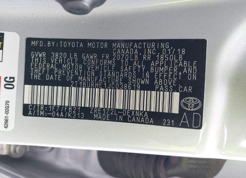 Photo 9 of 2018 Toyota Corolla LE (VIN 2T1BURHE1JC038619)