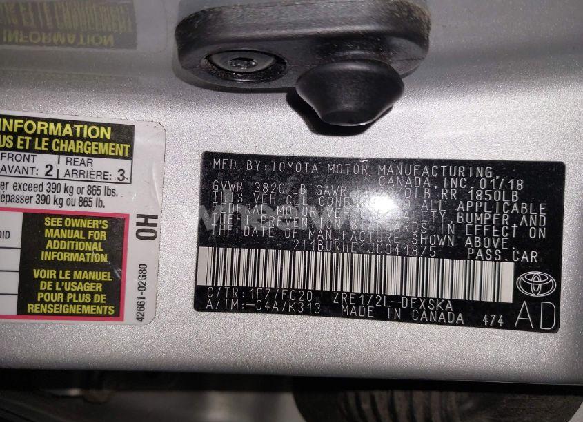 Photo 9 of 2018 Toyota Corolla SE (VIN 2T1BURHE1JC041875)