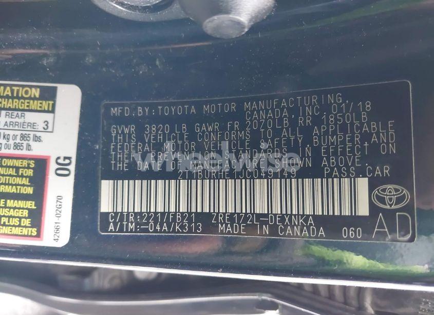 Photo 9 of 2018 Toyota Corolla LE (VIN 2T1BURHE1JC049149)