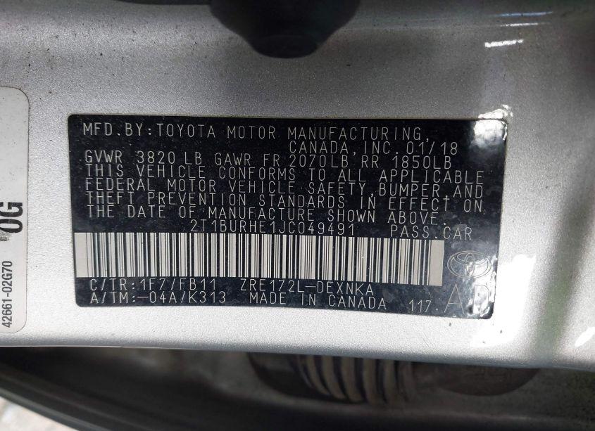 Photo 9 of 2018 Toyota Corolla LE (VIN 2T1BURHE1JC049491)