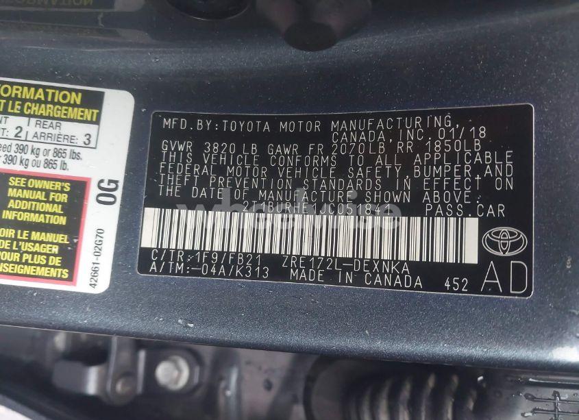 Photo 9 of 2018 Toyota Corolla LE (VIN 2T1BURHE1JC051841)