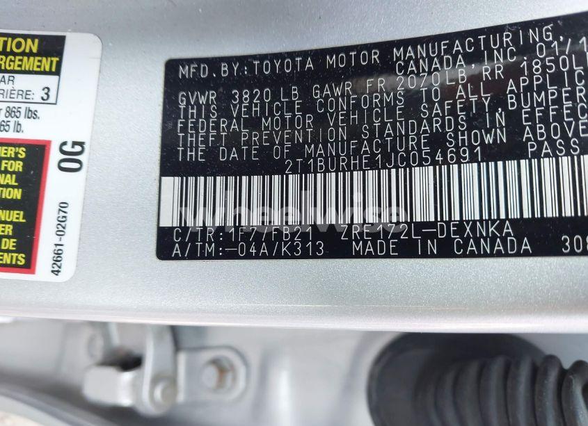 Photo 9 of 2018 Toyota Corolla LE (VIN 2T1BURHE1JC054691)