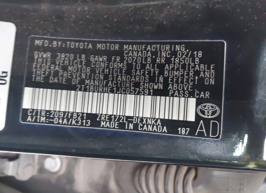 Photo 9 of 2018 Toyota Corolla LE (VIN 2T1BURHE1JC057591)