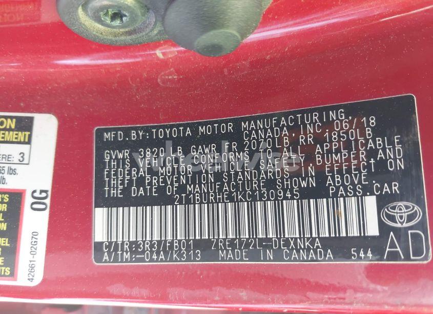 Photo 9 of 2019 Toyota Corolla LE (VIN 2T1BURHE1KC130945)