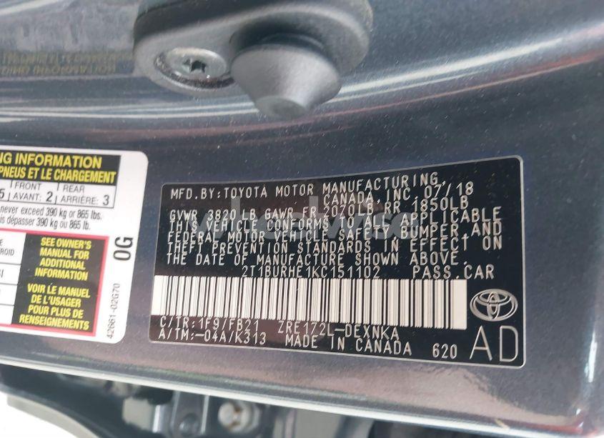 Photo 9 of 2019 Toyota Corolla LE (VIN 2T1BURHE1KC151102)