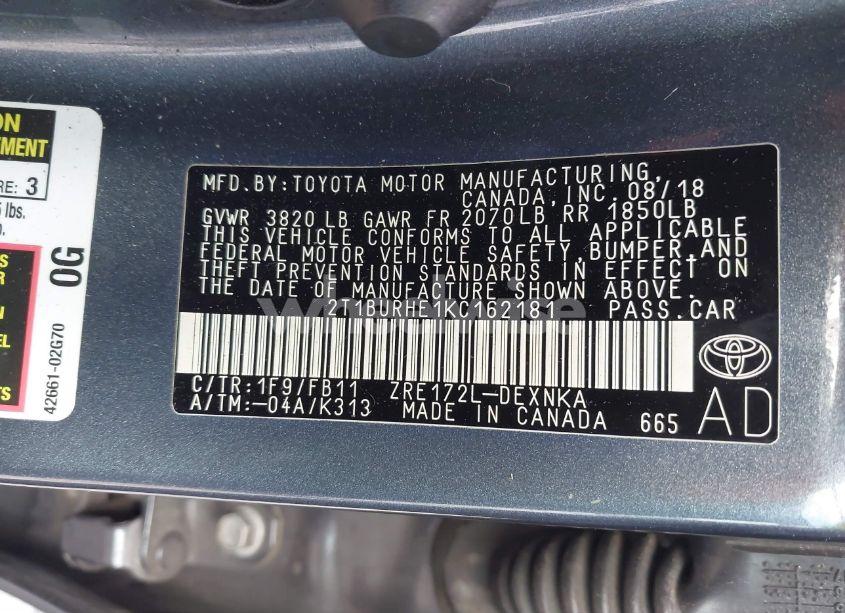 Photo 9 of 2019 Toyota Corolla LE (VIN 2T1BURHE1KC162181)