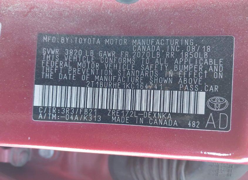 Photo 9 of 2019 Toyota Corolla LE (VIN 2T1BURHE1KC164741)