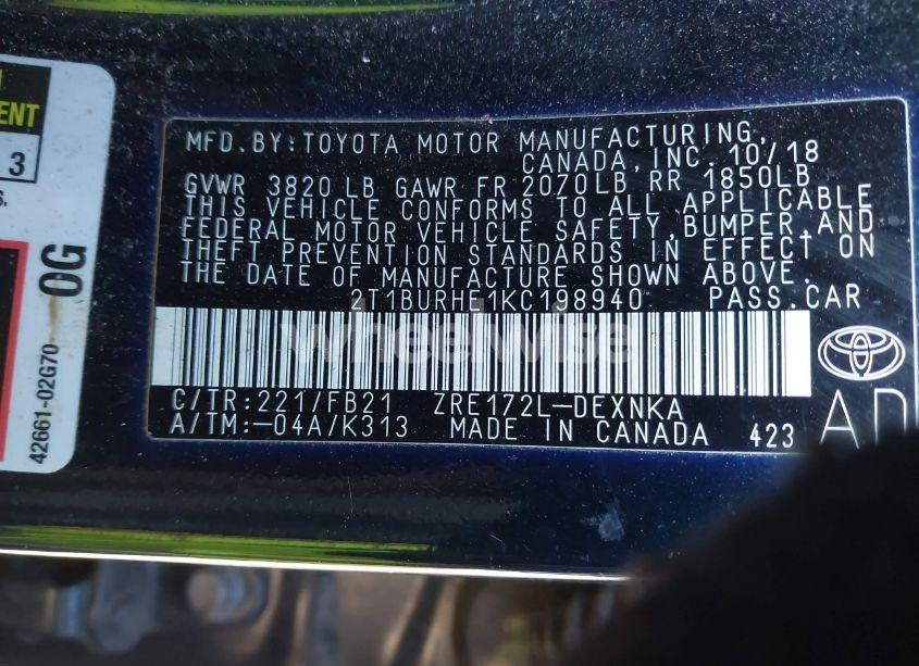 Photo 9 of 2019 Toyota Corolla LE (VIN 2T1BURHE1KC198940)